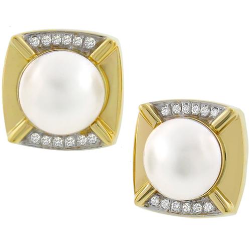 Vintage 14K Yellow Gold Mabe Pearls Diamond Earrings