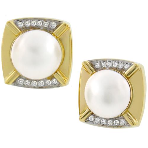 1970's Mabe Pearl & 1.00ct Round Diamond 14k Yellow Gold Earrings