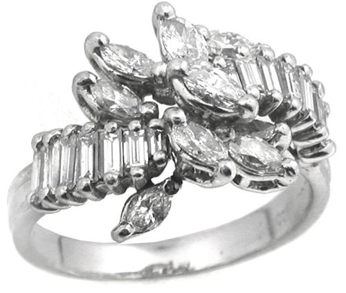 1950s  0.75ct Marquise 0.65ct Baguette Diamond Cluster Platinum Ring