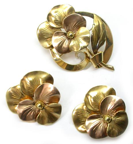 Retro Two Tone Gold Pansy Pin & Earrings Set