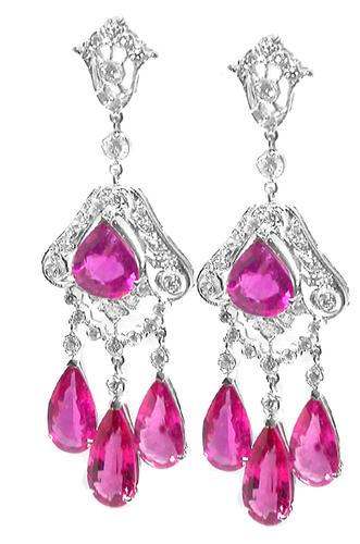 Edwardian Style 18k White Gold 11 17ct, Chandelier Style Pink Earrings