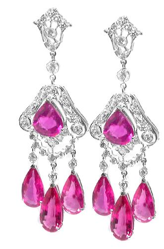 Edwardian Style Pear Shape Tourmaline Round Cut Diamond 18k White Gold Chandelier Earrings 