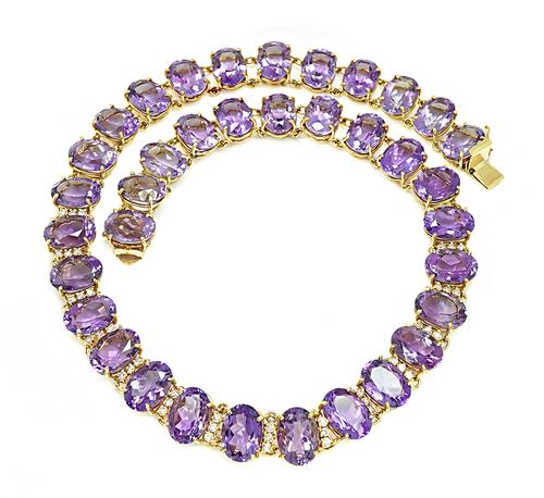 Oval Cut Amethyst Round Cut Diamond 14k Yellow Gold Necklace