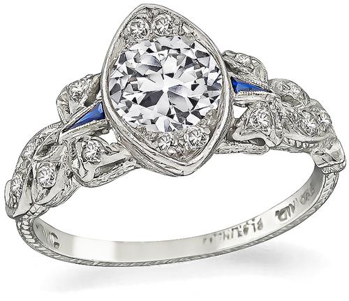 Art Deco Old Mine Cut Diamond Sapphire Platinum Engagement Ring