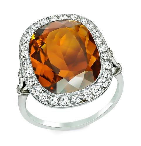 Vintage Cushion Cut Citrine Old Mine Cut Diamond Platinum Ring