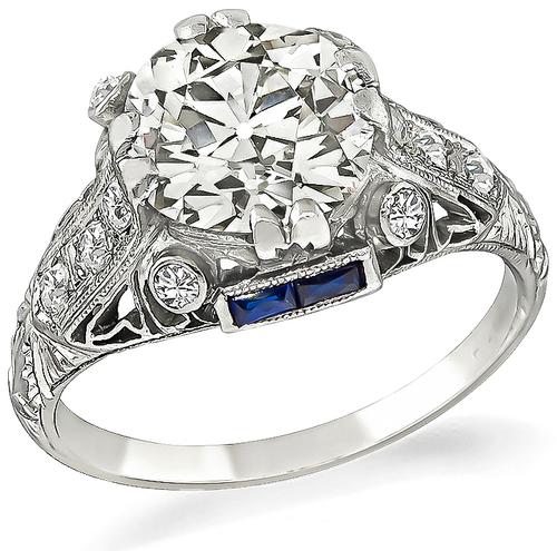 Art Deco Old Mine Cut Diamond Sapphire Platinum Engagement Ring