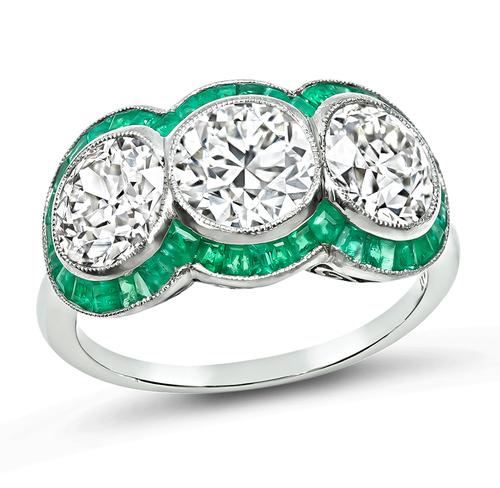 Vintage Old European Cut Diamond Emerald Platinum Anniversary Ring