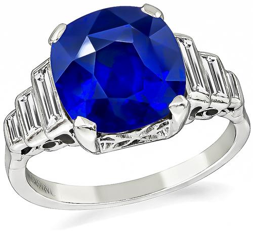 Art Deco Cushion Cut Ceylon Sapphire Baguette Cut Diamond Platinum Engagement Ring