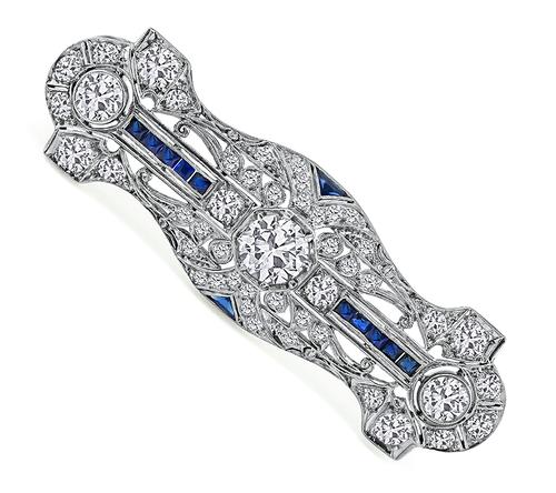 Vintage Old Mine Cut Diamond Sapphire Platinum Pin