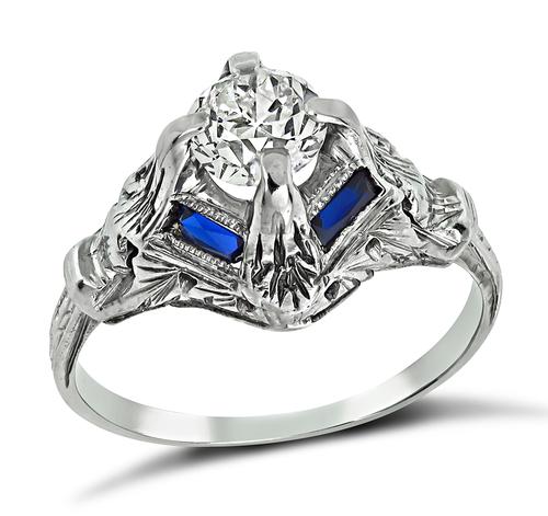 Art Deco Old Mine Cut Diamond Sapphire 18k White Gold Engagement Ring