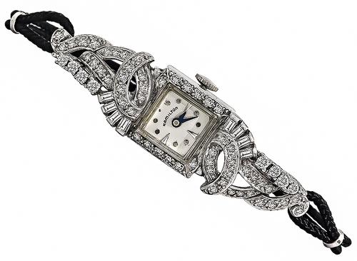 Baguette and Round Cut Diamond Platinum Hamilton Watch