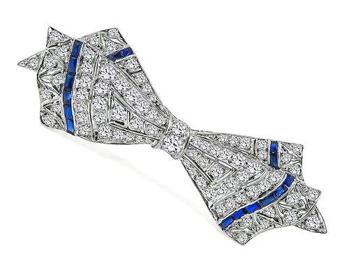 Vintage Old Mine Cut Diamond Sapphire Platinum Bow Pin