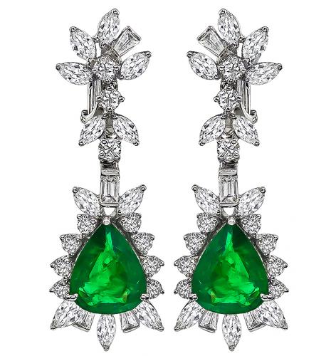 Pear Shape Emerald Marquise Baguette and Round Cut Diamond 18k White Gold Drop Earrings