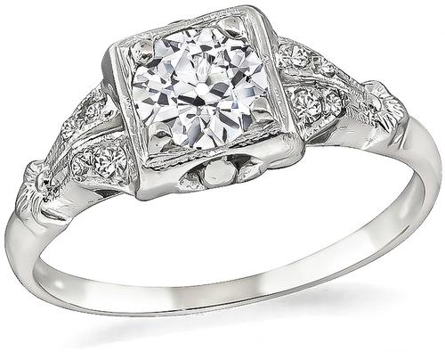 Art Deco Old Mine Cut Diamond 14k White Gold Engagement Ring