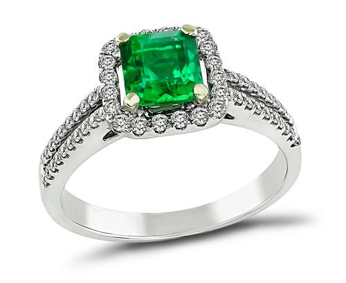 Emerald Cut Emerald Round Cut Diamond 18k White Gold Engagement Ring