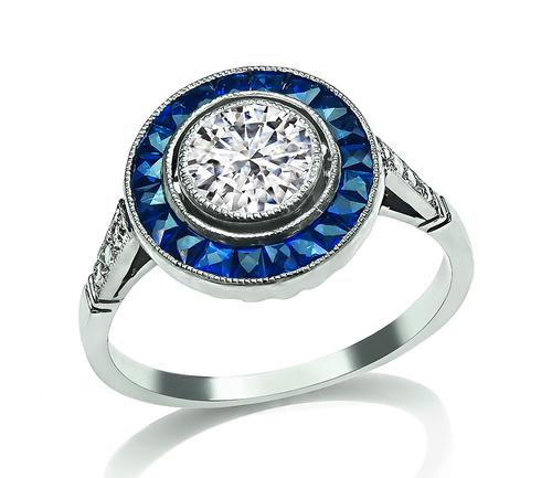 Round Cut Diamond Sapphire Platinum Engagement Ring