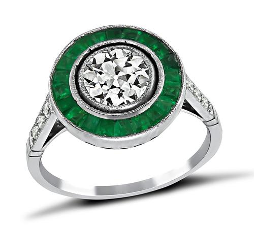 Art Deco Style Old Mine Cut Diamond Emerald Platinum Engagement Ring