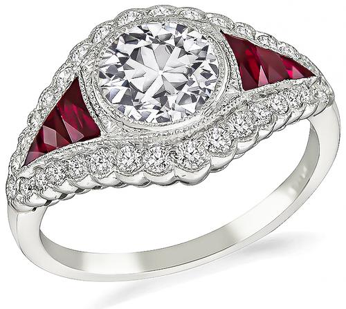 Art Deco Style Old European Cut Diamond Ruby Platinum Engagement Ring