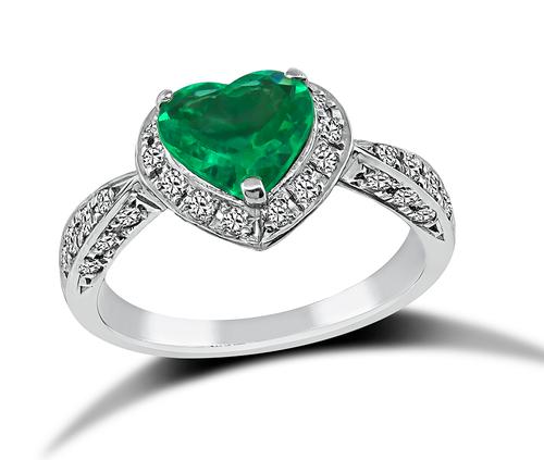 Heart Shape Emerald Round Cut Diamond Platinum Ring
