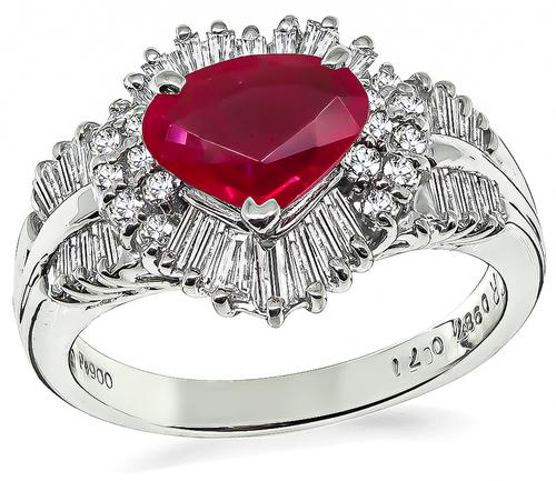 Heart Shape Ruby Round and Baguette Cut Diamond Platinum Ring