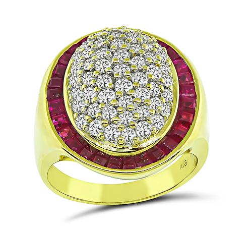 Round Cut Diamond Square Cut Ruby 18k Yellow Gold Ring