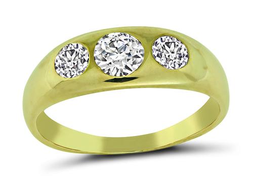 Old Mine Cut Diamond 14k Yellow Gold Three Stone Ring