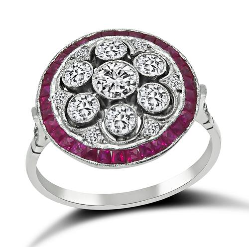 Round Cut Diamond French Cut Ruby Platinum Ring