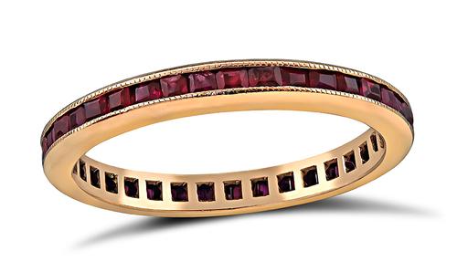 Emerald Cut Ruby 14k Pink Gold Eternity Wedding Band