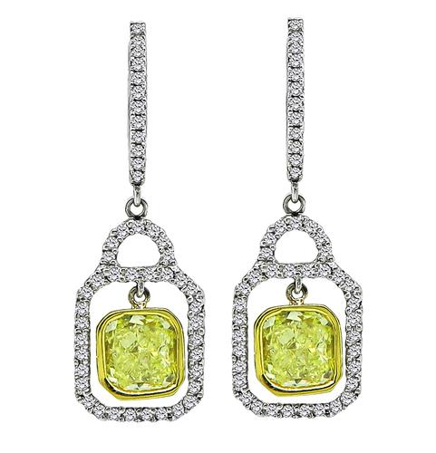 Radiant Cut Fancy Yellow Diamond Round Cut Diamond 18k White and Yellow Gold Dangling Earrings