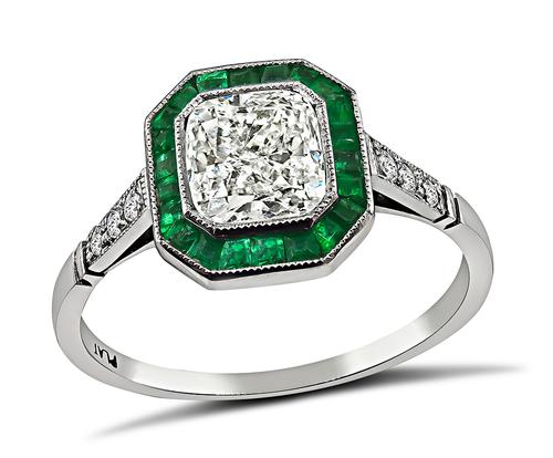 Art Deco Style Radiant Cut Diamond Emerald Platinum Engagement Ring