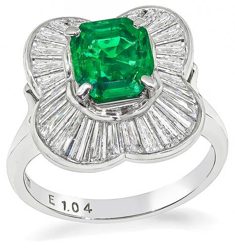 Emerald Cut Emerald Baguette Cut Diamond Platinum Cocktail Ring