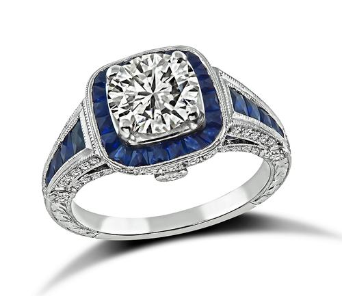 Round Cut Diamond French Cut Sapphire 18k White Gold Engagement Ring