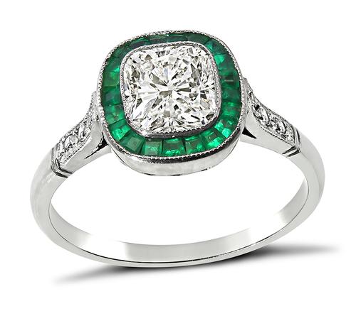 Art Deco Style Radiant Cut Diamond Emerald Platinum Engagement Ring