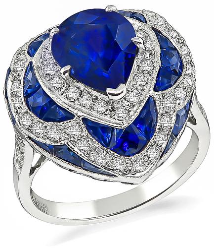 Pear Shape Sapphire Round Cut Diamond Platinum Cocktail Ring