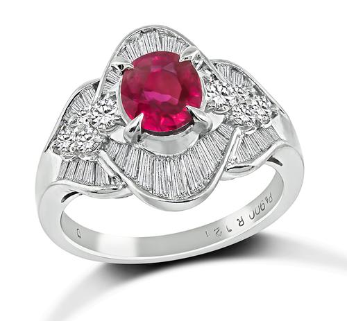 Oval Cut Ruby Baguette and Round Cut Diamond Platinum Ring