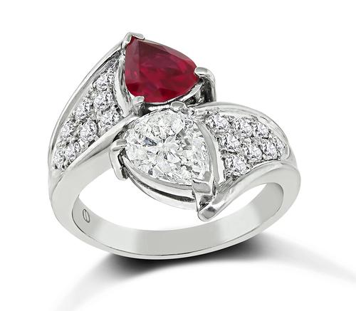 Pear Shape Burma Ruby Pear and Round Cut Diamond Platinum Ring