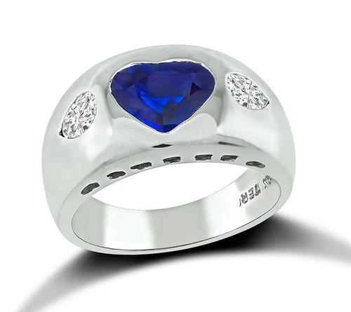 Heart Shape Sapphire Pear Shape Diamond 18k White Gold Ring