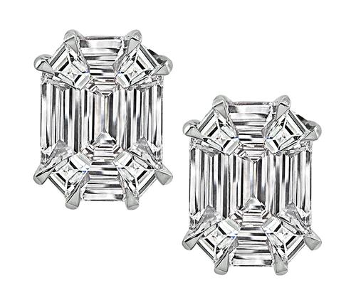 Emerald Baguette and Trapezoid Cut Diamond 14k White Gold Illusion Set Earrings