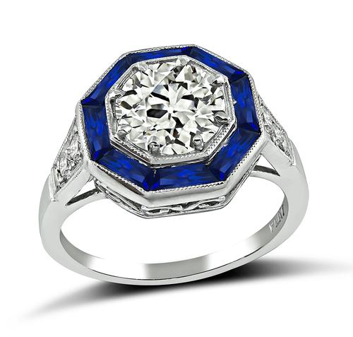 Art Deco Style Old Mine Cut Diamond Sapphire Platinum Engagement Ring