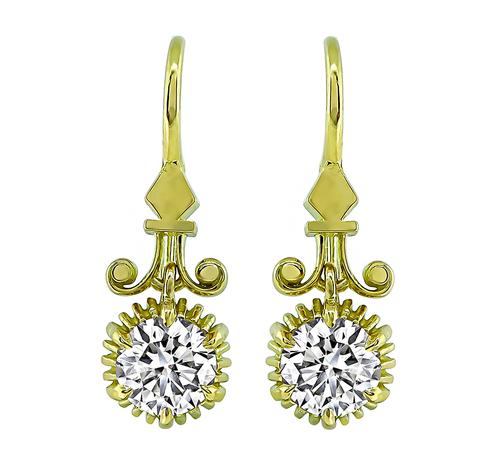 Victorian Old Mine Cut Diamond 18k Yellow Gold Dangling Earrings