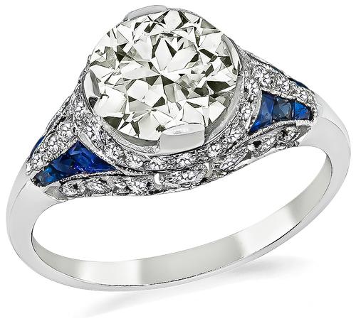 Estate Round Cut Diamond Sapphire 18k White Gold Engagement Ring