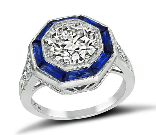 European Cut Diamond Baguette French Cut Sapphire Platinum Engagement Ring
