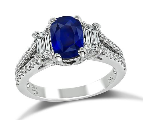 Cushion Cut Sapphire Emerald and Round Cut Diamond 18k White Gold Engagement Ring