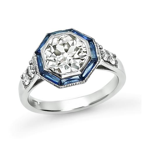 Old European Cut Diamond Baguette French Cut Sapphire Platinum Engagement Ring