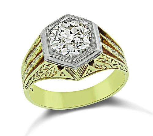 Old Mine Cut Diamond 14k Yellow and White Gold Engagement Ring