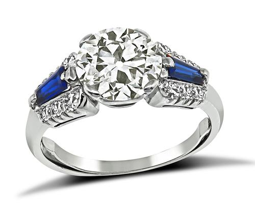 Old Mine Cut Diamond Baguette Cut Sapphire 14k White Gold Engagement Ring