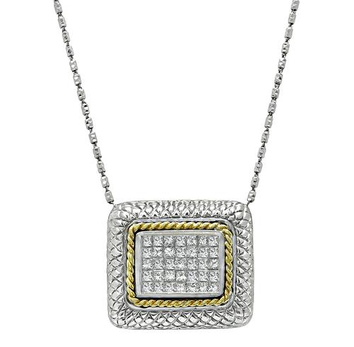 Princess Cut Diamond 18k White and Yellow Gold Pendant Necklace
