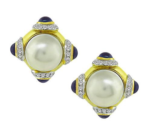 Round Cut Diamond Cabochon Iolite Mabe Pearl 14k Yellow and White Gold Earrings