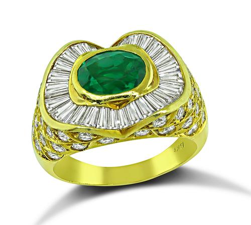 Oval Cut Emerald Round and Baguette Cut Diamond 18k Yellow Gold Ring