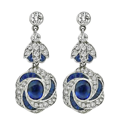 Oval and French Cut Sapphire Round Cut Diamond 18k White Gold Dangling Earrings